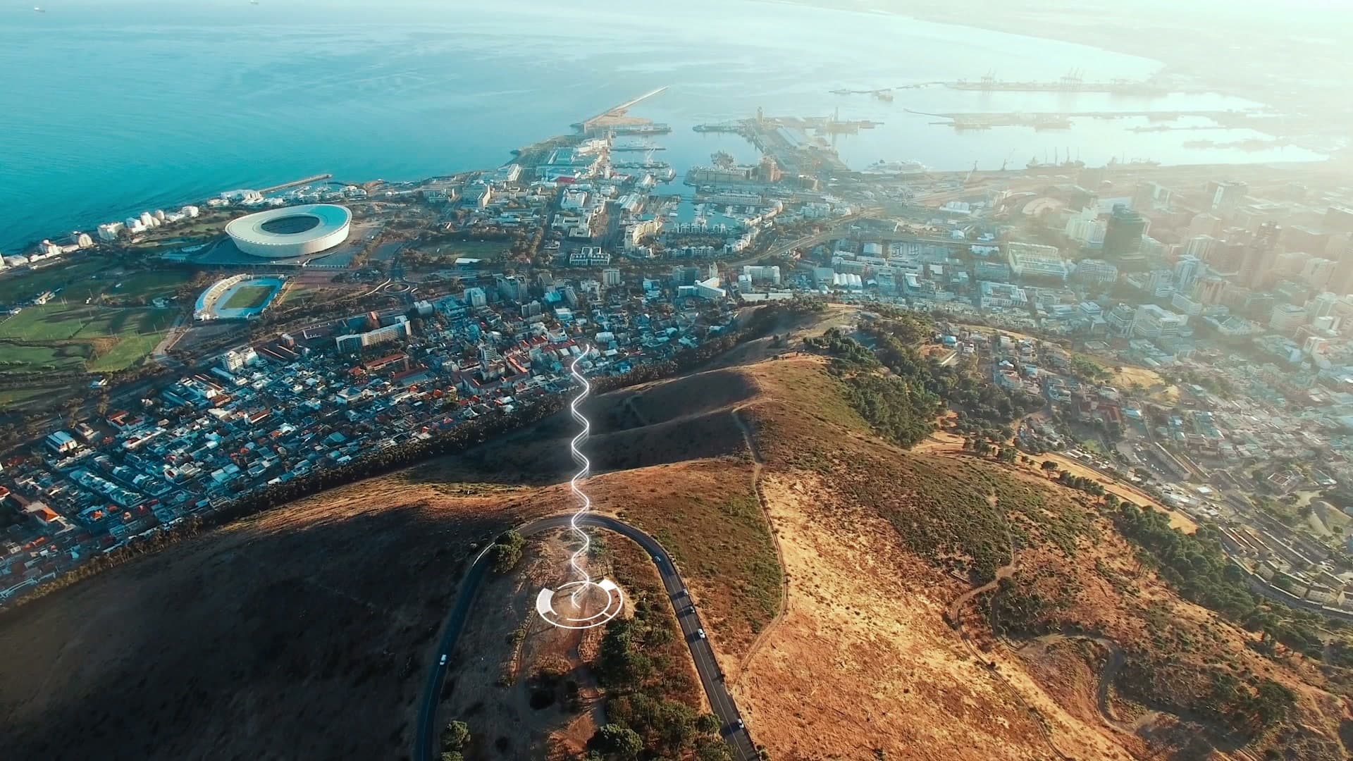 Data landscapes — data streams rising over a coastal city