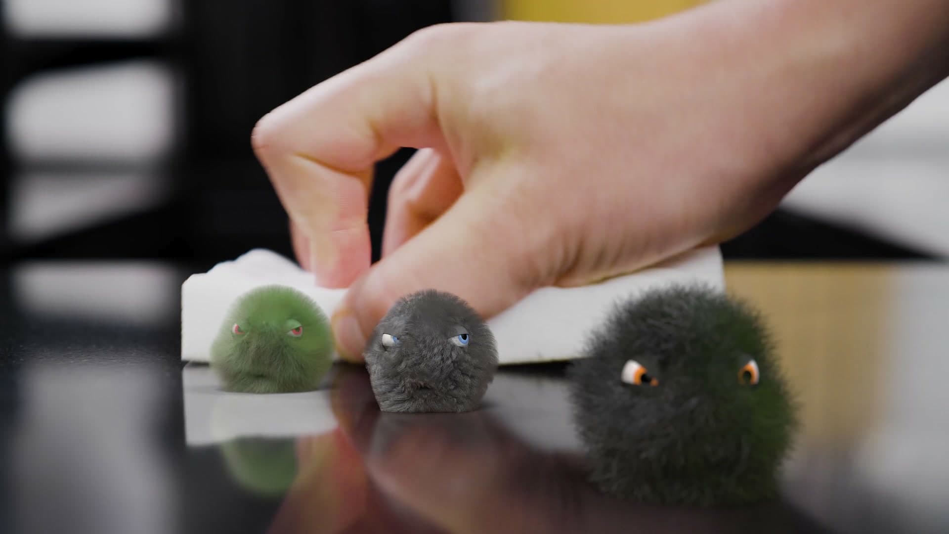 Magic Sponge — fluffy CG creatures on a kitchen counter