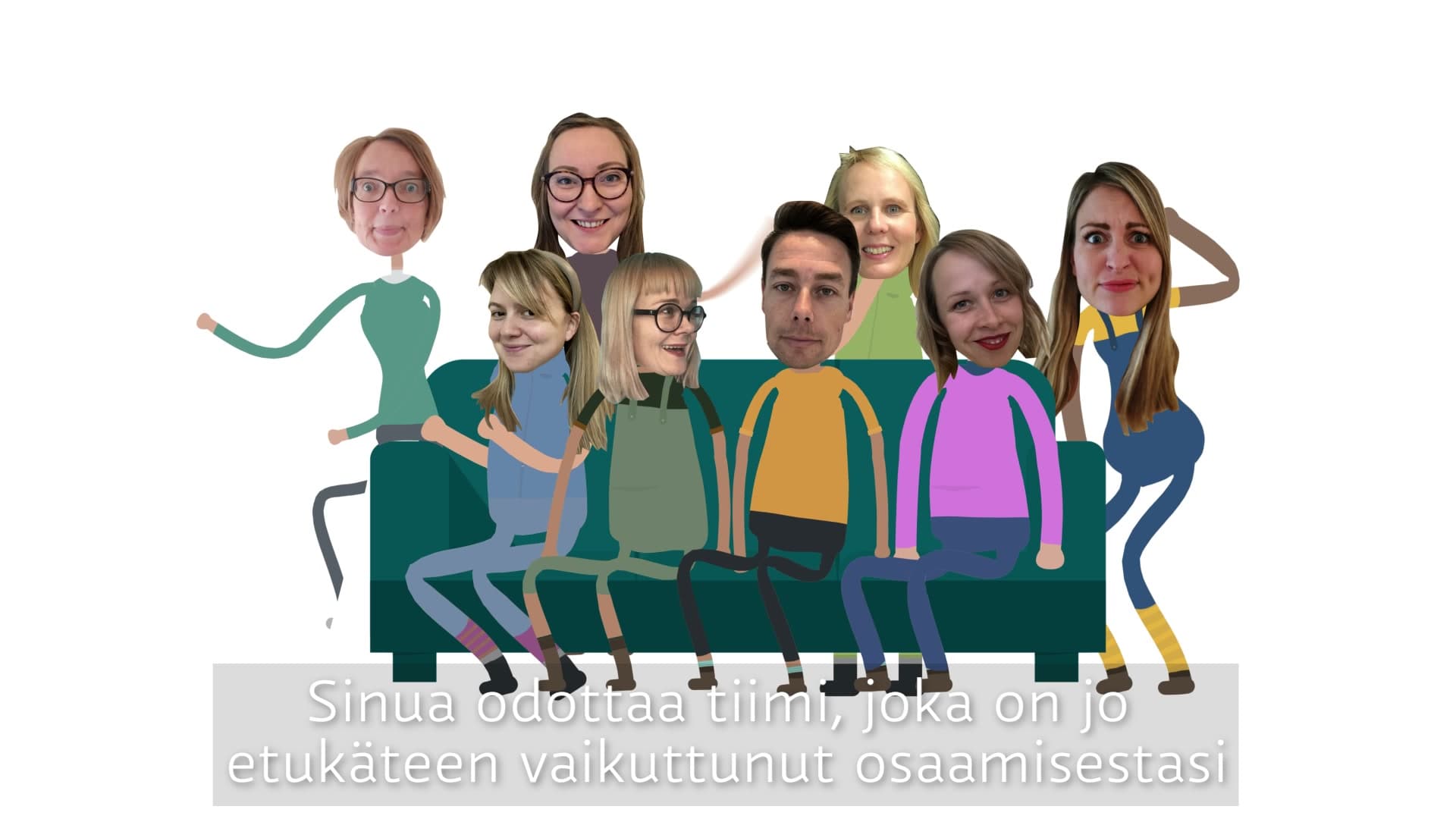 Yle recruitment animation — illustrated team on a sofa